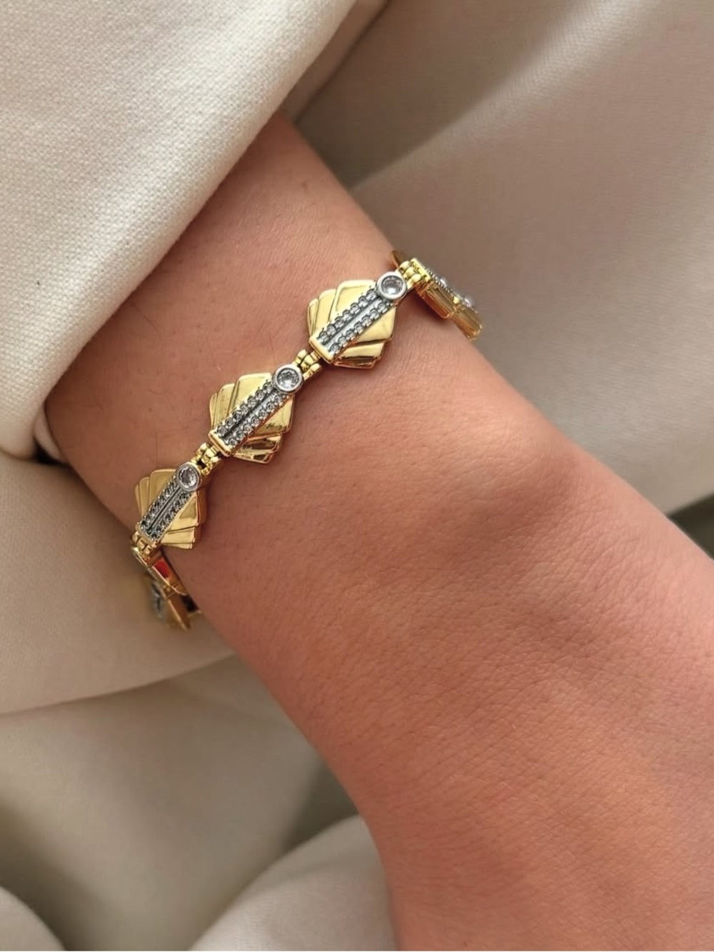 14K Gold Plated Art Deco Fan Link Bracelet with Crystal Accents